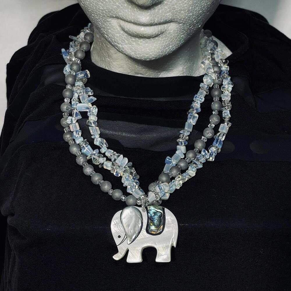 Vintage Elephant Pendant Necklace Abalone Shell Opalite Beaded Boho